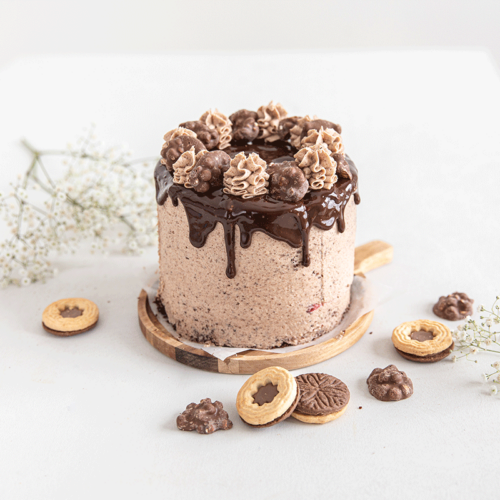 Toffee-vadelma-suklaakakku